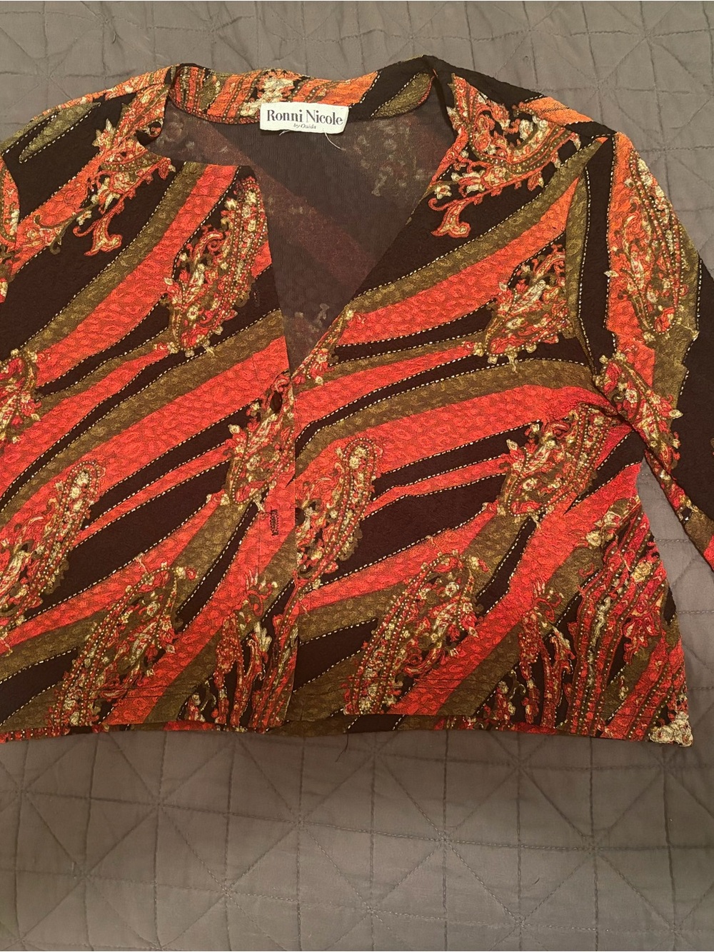 Ronni Nicole Red and Brown Paisley Stripe Button Down Top